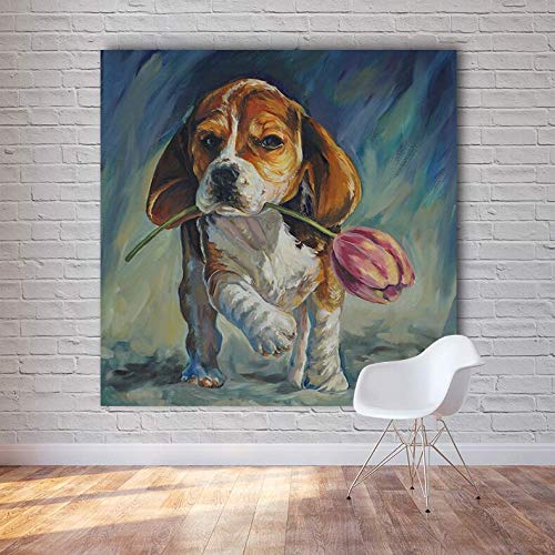 KWzEQ Imprimir en Lienzo Lindo Perro de Color con Tulipanes Carteles y fotografías decoración de la Pared decoración para Sala de arte50x50cmPintura sin Marco