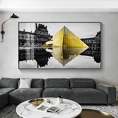 KWzEQ Increíble Lienzo de Sala de Estar de pirámide de Cristal Dorado en Cartel de la Ciudad en Blanco y Negro,70X125cm,Pintura sin Marco