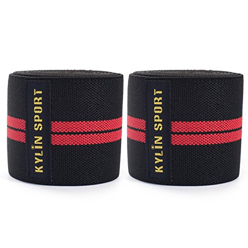 Kylin sport - 2 piezas protectoras de rodilla, 200 cm, vendaje protector elástico y ajustable para entrenamiento de musculación, crossfit, powerlifting..., negro y rojo