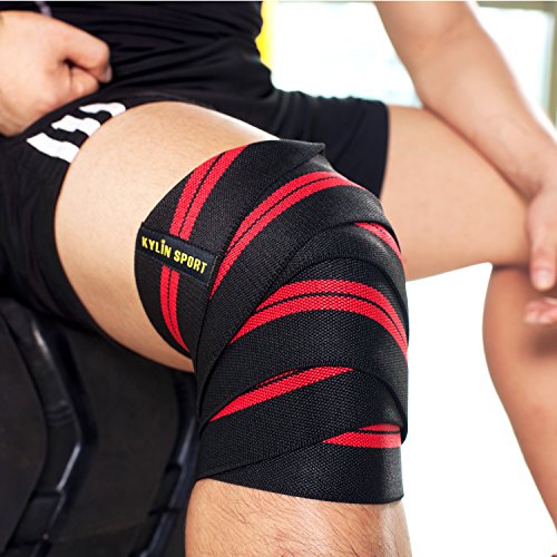 Kylin sport - 2 piezas protectoras de rodilla, 200 cm, vendaje protector elástico y ajustable para entrenamiento de musculación, crossfit, powerlifting..., negro y rojo