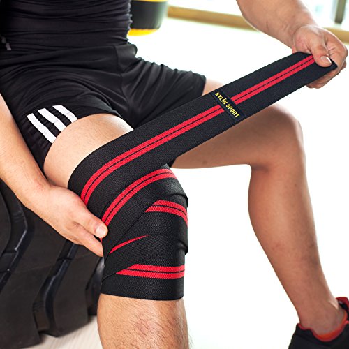 Kylin sport - 2 piezas protectoras de rodilla, 200 cm, vendaje protector elástico y ajustable para entrenamiento de musculación, crossfit, powerlifting..., negro y rojo
