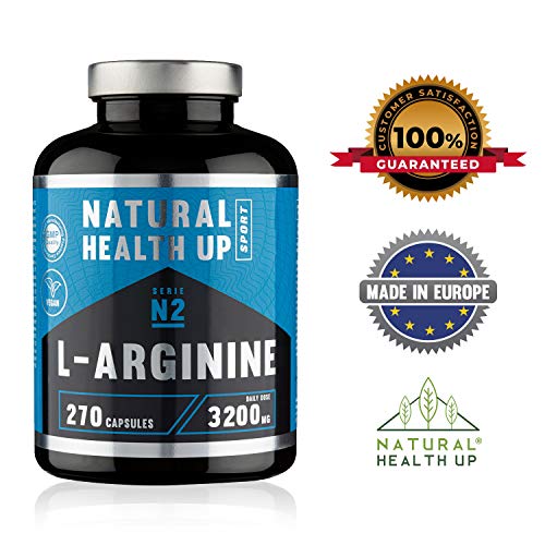 L-arginina 3,2 gramos dosis pura diaria – Suplemento deportivo para la mejora de la masa muscular – Extra de vitamina B6 para el organismo – (270 Capsulas Veganas)