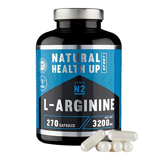 L-arginina 3,2 gramos dosis pura diaria – Suplemento deportivo para la mejora de la masa muscular – Extra de vitamina B6 para el organismo – (270 Capsulas Veganas)