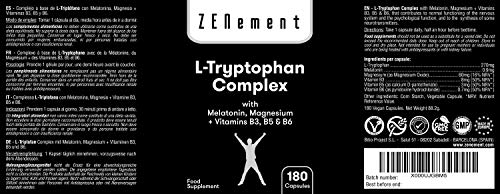 L-Triptófano Complex con Melatonina, Magnesio + Vitaminas B3, B5 y B6, 180 Cápsulas | Nootrópico | Regula el estado de ánimo y combate el estrés, precursor de Serotonina | Vegano, libre de aditivos