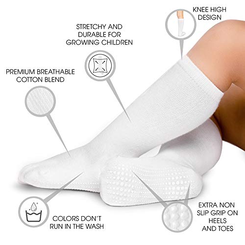 LA Active Calcetines Altos Rodilla Antideslizantes - 5 Pares - para Bebé Niños Niñas Infantil - Algodón (Blanco, 4-6 Años)