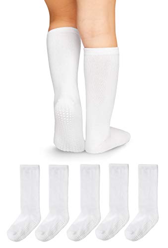 LA Active Calcetines Altos Rodilla Antideslizantes - 5 Pares - para Bebé Niños Niñas Infantil - Algodón (Blanco, 4-6 Años)