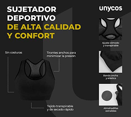 LA MENTE ES MARAVILLOSA Unycos - Sujetador Deportivo para Mujer con Almohadillas Extraíbles. Run Bra (Negro - L)