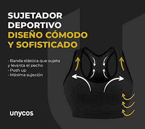 LA MENTE ES MARAVILLOSA Unycos - Sujetador Deportivo para Mujer con Almohadillas Extraíbles. Run Bra (Negro - L)