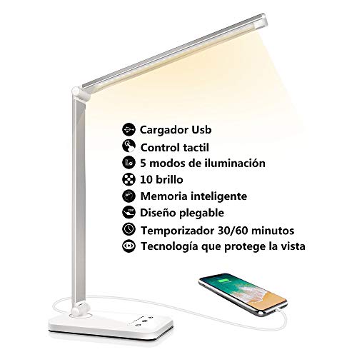 Lámpara Escritorio LED, Flexo de Escritorio (Cuidado Ocular, Puerto USB, 5 Modos,10 Niveles de Brillo,Temporizador de 30/60min, Función de Memoria)