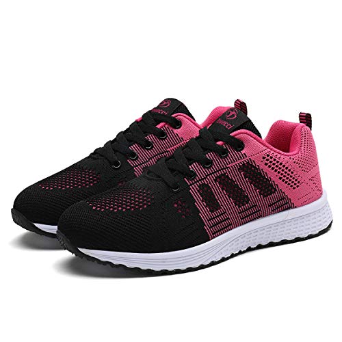 Lanchengjieneng Mujer Entrenador Zapatos Gimnasio Deportes atléticos Zapatillas de Deporte Malla Informal Zapatos para Caminar Encaje Plano Negro Rejo EU 39