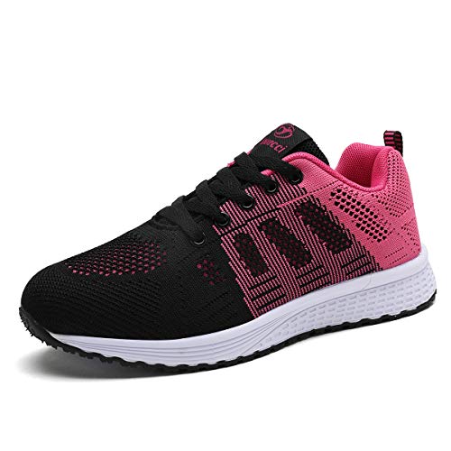 Lanchengjieneng Mujer Entrenador Zapatos Gimnasio Deportes atléticos Zapatillas de Deporte Malla Informal Zapatos para Caminar Encaje Plano Negro Rejo EU 39