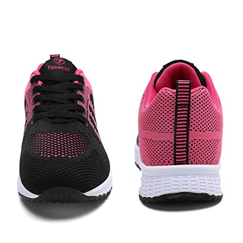 Lanchengjieneng Mujer Entrenador Zapatos Gimnasio Deportes atléticos Zapatillas de Deporte Malla Informal Zapatos para Caminar Encaje Plano Negro Rejo EU 39