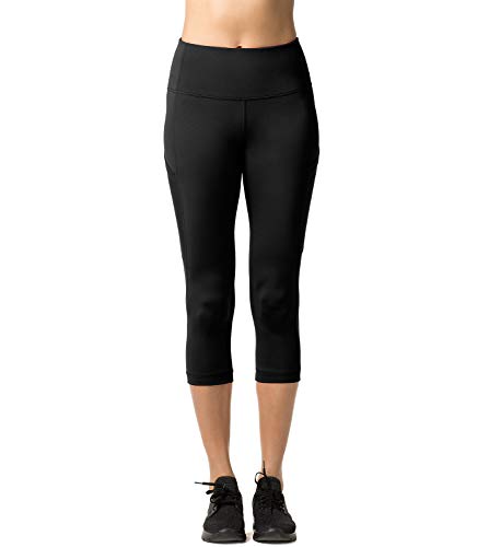 LAPASA Mallas Deportivas 3/4 Capris de Mujer Cintura Alta con Bolsillo (Leggings para Yoga, Pilates, Running) L02 (XS/34 (Cintura 58-66, Cadera 74-82 cm), Negro II (Bolsillo Lateral))