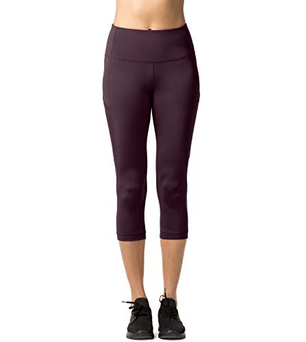 LAPASA Mallas Deportivas 3/4 Capris de Mujer Cintura Alta con Bolsillo (Leggings para Yoga, Pilates, Running) L02 (XS/34 (Cintura 58-66, Cadera 74-82 cm), Burdeo Oscuro II (Bolsillo Lateral))