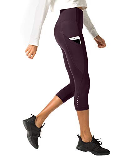 LAPASA Mallas Deportivas 3/4 Capris de Mujer Cintura Alta con Bolsillo (Leggings para Yoga, Pilates, Running) L02 (XS/34 (Cintura 58-66, Cadera 74-82 cm), Burdeo Oscuro II (Bolsillo Lateral))