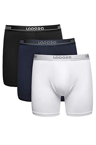 LAPASA Pack de 3 Calzoncillos Bóxer de Micromodal (Versión Larga) M45 (L (Detalles en descripción), Negro, Blanco, Azul Oscuro)