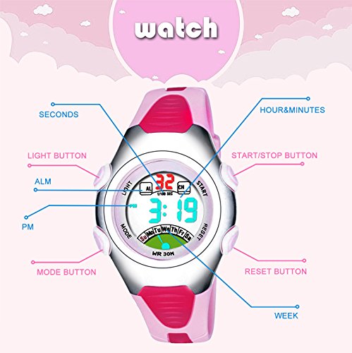 Las niñas de los Relojes Digitales, Kids 3 ATM Impermeable de los Deportes Reloj con Alarma, Adolescentes para niños al Aire Libre Deporte electrónico muñeca Relojes para niñas - Rosa por rsvom