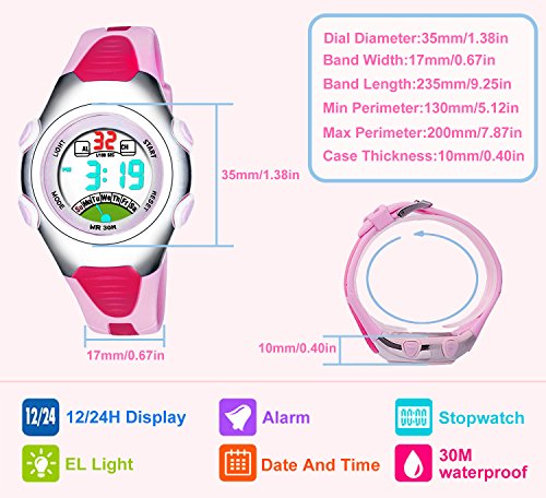 Las niñas de los Relojes Digitales, Kids 3 ATM Impermeable de los Deportes Reloj con Alarma, Adolescentes para niños al Aire Libre Deporte electrónico muñeca Relojes para niñas - Rosa por rsvom