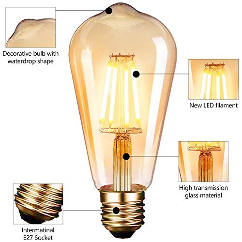 LED Edison Vintage Bombilla, massway E27 ST64 LED Retro Edison Bombilla 4W 2700K Decorativa Ambar Cálido Blanco Antigua Bombillas Incandescentes for Restaurante, Bar, Cafetería - 6 Piezas