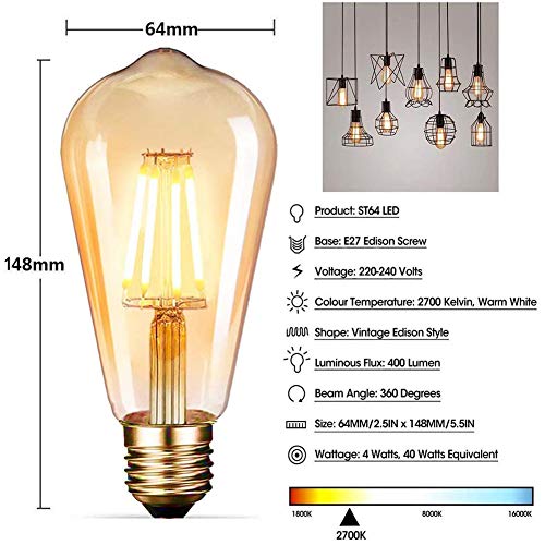 LED Edison Vintage Bombilla, massway E27 ST64 LED Retro Edison Bombilla 4W 2700K Decorativa Ambar Cálido Blanco Antigua Bombillas Incandescentes for Restaurante, Bar, Cafetería - 6 Piezas