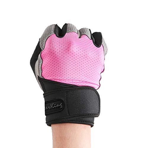 LeerKing Guantes Deportivos Unisex Guantes de Gimnasia Medio Mujer Malla Transpirable Almohadillas Gruesas Antideslizantes Guantes con Brazalete para Fitness, Halterofilia, Ciclismo, Rosa S