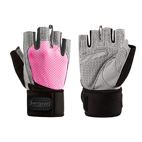 LeerKing Guantes Deportivos Unisex Guantes de Gimnasia Medio Mujer Malla Transpirable Almohadillas Gruesas Antideslizantes Guantes con Brazalete para Fitness, Halterofilia, Ciclismo, Rosa S