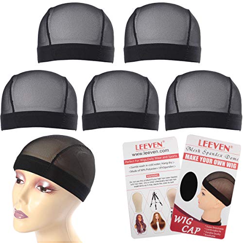 Leeven - 5 gorros de malla para pelucas para hacer pelucas de licra sólida, encaje con cúpula, ajuste cómodo, tamaño mediano (negro#)