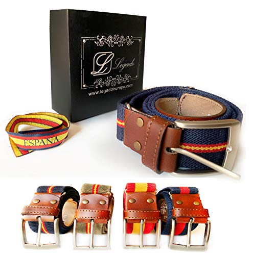 LEGADO Cinturon hombre y pulsera bandera España, cinturon elastico con cuero marron, Piel de Ubrique como nuestras carteras y accesorios. (Marino con Bandera España)