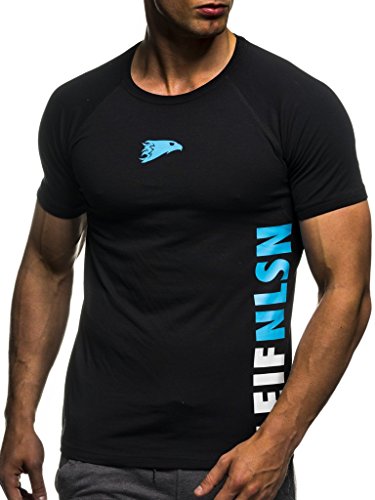 Leif Nelson Camiseta para Hombre con Cuello Redondo de Gimnasia Ropa de Deporte LN-06279 Azul Negro Medium