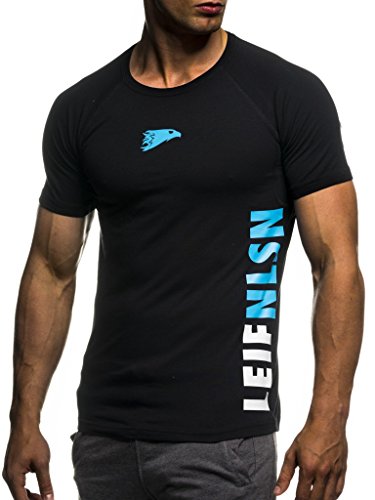 Leif Nelson Camiseta para Hombre con Cuello Redondo de Gimnasia Ropa de Deporte LN-06279 Azul Negro Medium