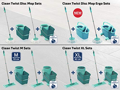 Leifheit Set de fregona rotatoria Clean Twist Disc Mop Ergo 2.0 con ruedas, giratoria con cabezal Micro Duo, set de limpieza en húmedo