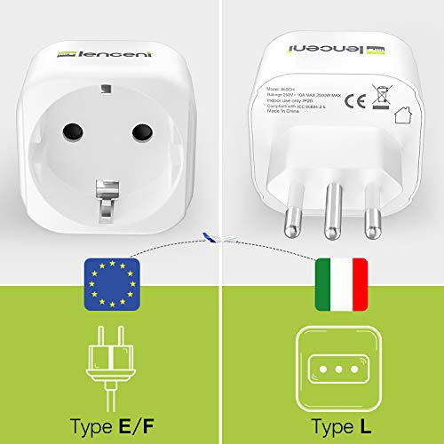 LENCENT 2X Adaptadores de Viaje Italia Tipo L, Enchufe de 2 Clavijas de Europa a 3 Clavijas Italia para Italia, Chile, Maldivas, San Marino, Vaticano, Uruguay, Siria, Eritrea, Libia y más. (Tipo L)