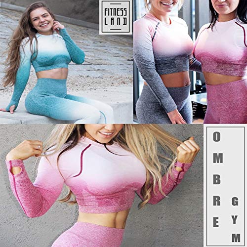 Leoyee Seamless Gradient Gym Medias Camisa Deportiva Yoga Top para Mujeres Running Camiseta de Entrenamiento Top de Manga Larga (Bianco/Rosa Viola, Small)