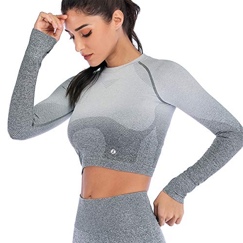 Leoyee Seamless Gradient Gym Medias Camisa Deportiva Yoga Top para Mujeres Running Camiseta de Entrenamiento Top de Manga Larga (Grigio Scuro/Grigio Chiaro, Small)