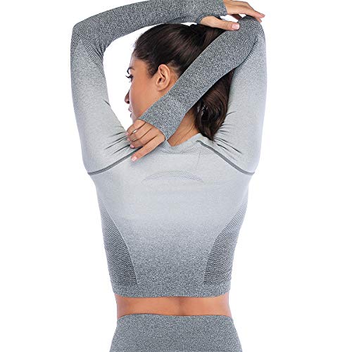 Leoyee Seamless Gradient Gym Medias Camisa Deportiva Yoga Top para Mujeres Running Camiseta de Entrenamiento Top de Manga Larga (Grigio Scuro/Grigio Chiaro, Small)