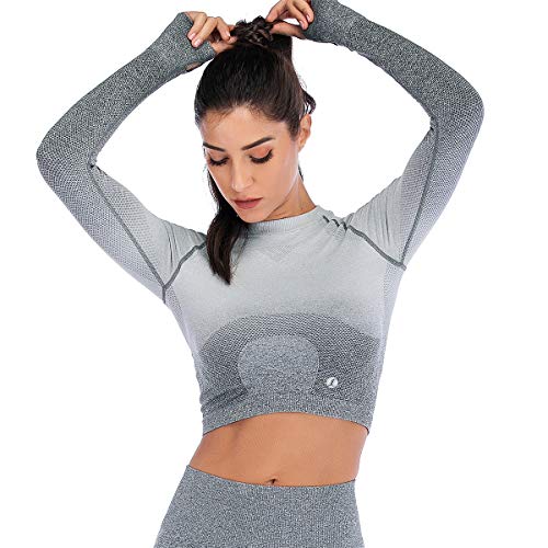 Leoyee Seamless Gradient Gym Medias Camisa Deportiva Yoga Top para Mujeres Running Camiseta de Entrenamiento Top de Manga Larga (Grigio Scuro/Grigio Chiaro, Small)