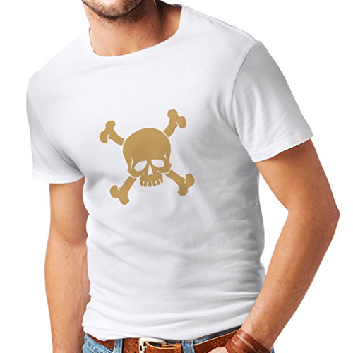 lepni.me Camisetas Hombre Calavera y Tibias Cruzadas, señal de Advertencia - No Tocar (Large Blanco Oro)