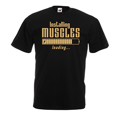 lepni.me Camisetas Hombre Muscle Works Clothing - for Muscle Growth Masters, Vintage Design, Fitness Clothes (XX-Large Negro Oro)
