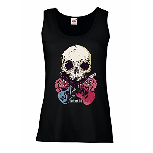 lepni.me Camisetas sin Mangas para Mujer Guitarras, Calavera, Rosas - Amantes del Concierto de Rock & Roll (XX-Large Negro Multicolor)