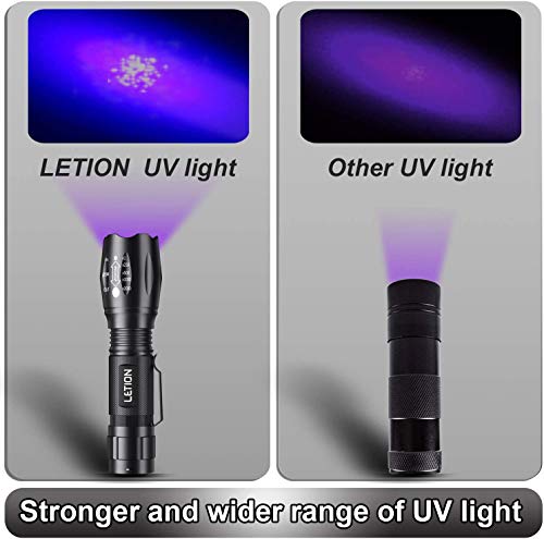 LETION Linterna Ultravioleta Led Linterna UV,Luz Negra UV 2 en 1 con 395nm luz UV, Modo 4 & IPX a Prueba de Agua 4 para Ropa de Mascotas Detección de Hongos