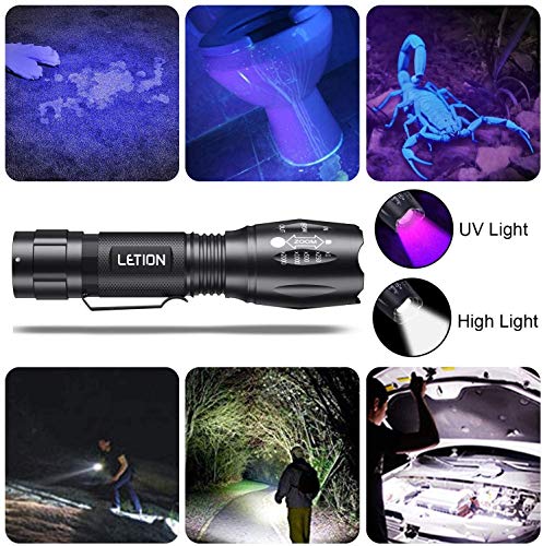 LETION Linterna Ultravioleta Led Linterna UV,Luz Negra UV 2 en 1 con 395nm luz UV, Modo 4 & IPX a Prueba de Agua 4 para Ropa de Mascotas Detección de Hongos