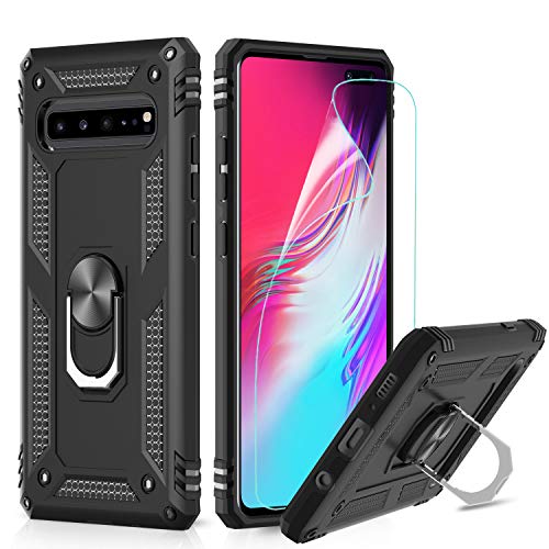 LeYi Funda Samsung Galaxy S10 5G Armor Carcasa con 360 Anillo iman Soporte Hard PC y Silicona TPU Bumper antigolpes Fundas Carcasas Case para movil S10 5G con HD Protector de Pantalla,Negro