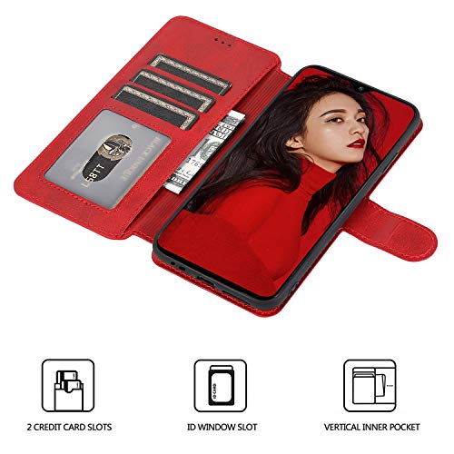 LeYi Funda Xiaomi Redmi 9 con HD Protector Pantalla,Carcasa Libro Tapa Silicona Cuero Cartera Case Flip Leather Wallet Slim Bumper Antigolpes Cover para Movil Redmi 9,Rojo