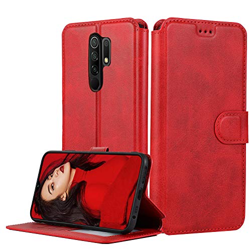 LeYi Funda Xiaomi Redmi 9 con HD Protector Pantalla,Carcasa Libro Tapa Silicona Cuero Cartera Case Flip Leather Wallet Slim Bumper Antigolpes Cover para Movil Redmi 9,Rojo