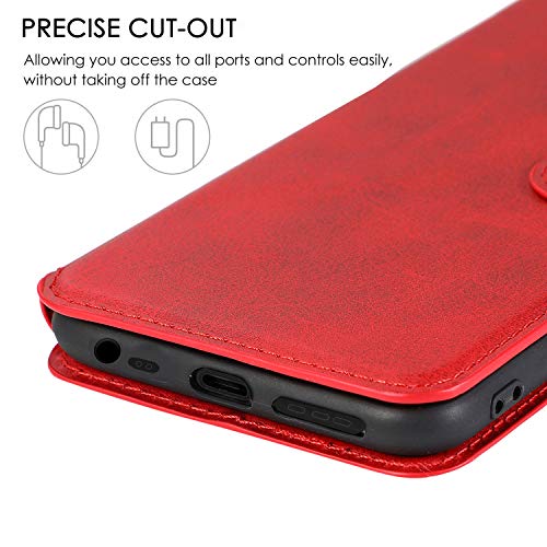 LeYi Funda Xiaomi Redmi 9 con HD Protector Pantalla,Carcasa Libro Tapa Silicona Cuero Cartera Case Flip Leather Wallet Slim Bumper Antigolpes Cover para Movil Redmi 9,Rojo