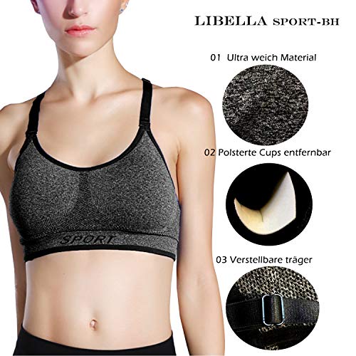 Libella Mujer Sujetador Deportivo Push Up Bustier con Amplio Correas Fitness Yoga Camisetas Sin Mangas 3714 Gris S/M