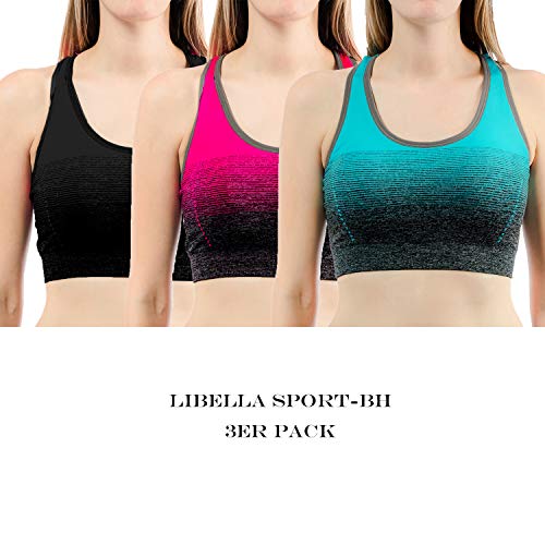 Libella Mujer Sujetador Deportivo Push Up Bustier con Amplio Correas Fitness Yoga Camisetas Sin Mangas 3738 Paquete de 3 Negro+Azul+Rosa L/XL