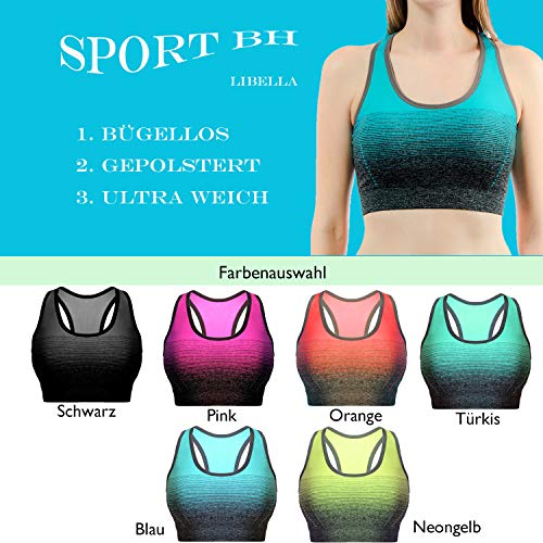 Libella Mujer Sujetador Deportivo Push Up Bustier con Amplio Correas Fitness Yoga Camisetas Sin Mangas 3738 Paquete de 3 Negro+Azul+Rosa L/XL
