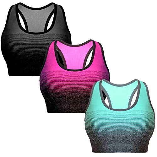 Libella Mujer Sujetador Deportivo Push Up Bustier con Amplio Correas Fitness Yoga Camisetas Sin Mangas 3738 Paquete de 3 Negro+Azul+Rosa L/XL