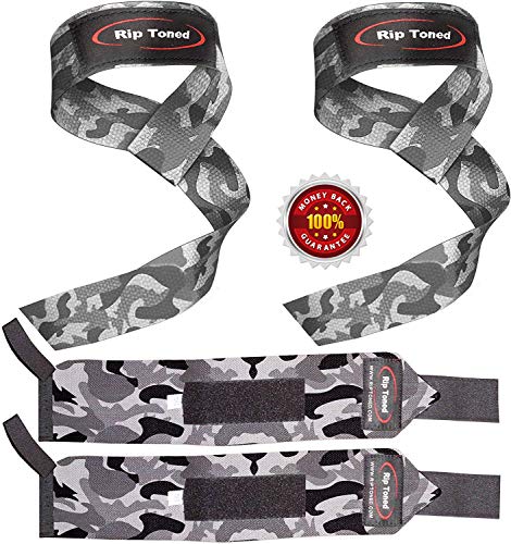 Lifting Straps + Wrist Wraps Bundle (1 PAIR of Each) by Rip Toned - *Bonus Ebook* for Weightlifting, Crossfit, Workout, Gym, Powerlifting, Bodybuilding - Lifetime Replacement Warranty!